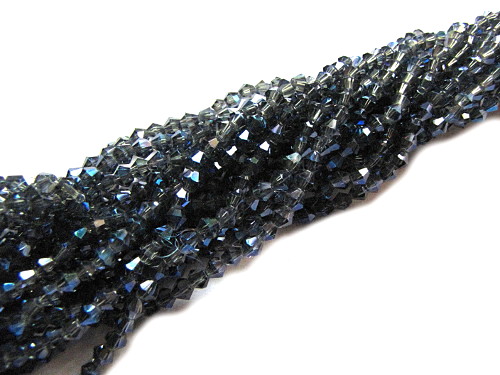 Glasschliffperlen Bicone, funkelnd, 4mm, blau bedampft, Strang